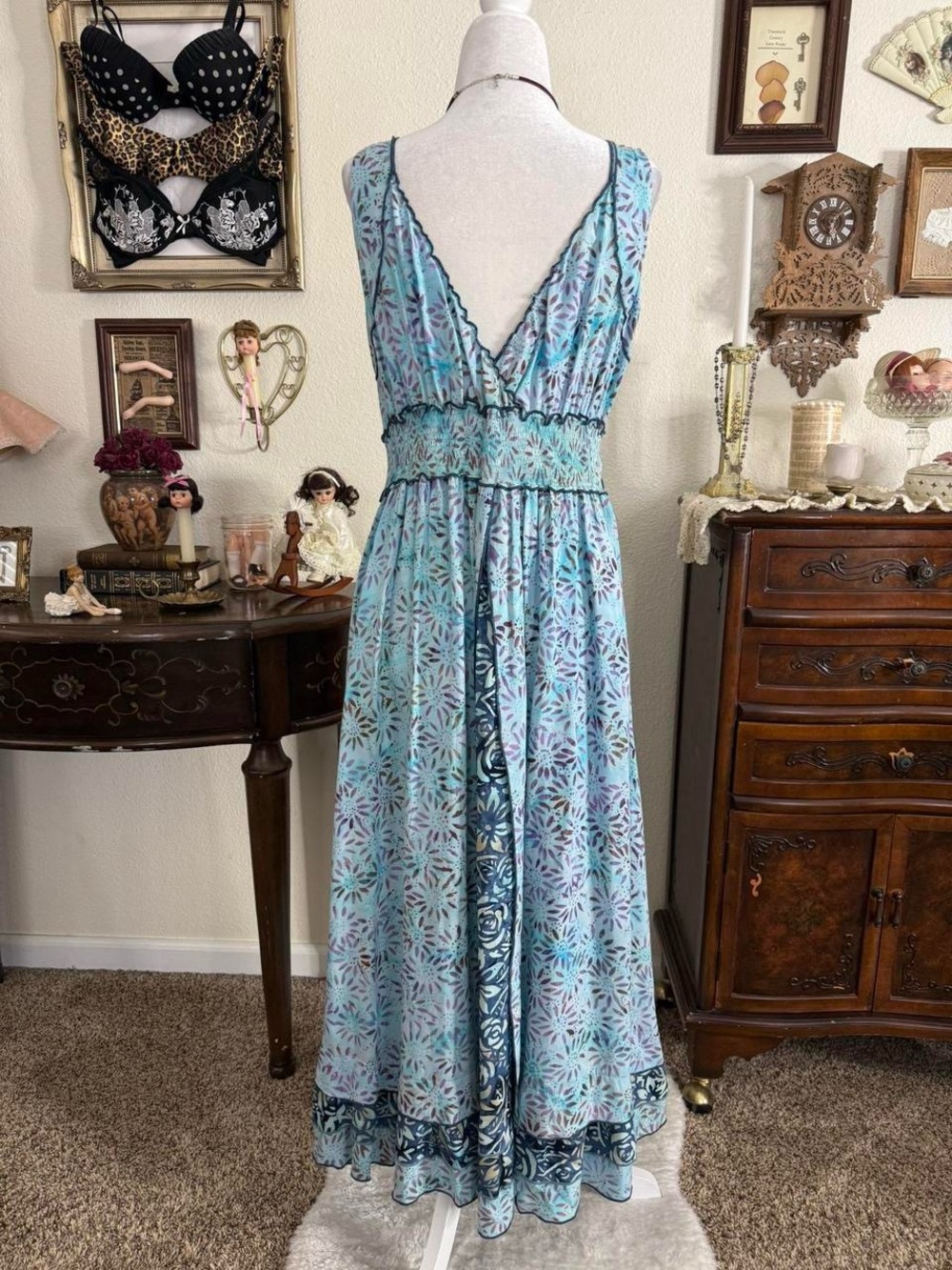 Y2k whimsical fairy grunge boho patchwork aqua blue floral maxi dress - Picture 5 of 6